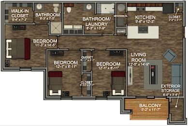 3 Bedroom Floor Plan  at The 2525, Indiana