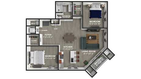 A floor plan of a small apartment with a living room, kitchen, and two bedrooms.