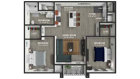 A floor plan of an apartment with a living room, two bedrooms, a bathroom, a kitchen, a foyer, and a balcony.