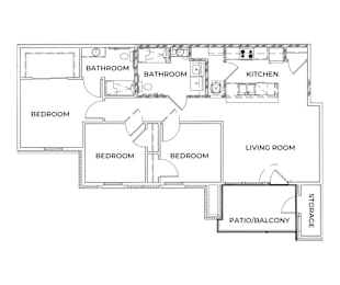 3 Bed 2 Bath Floor Plan at Gladstone Apartments, Columbus, 47201