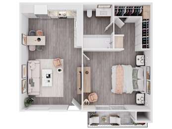 A top-down view of a small, neatly organized apartment with a kitchen, living room, and bathroom.