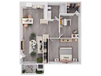 A top down view of a small apartment with a kitchen, living room, and bedroom.