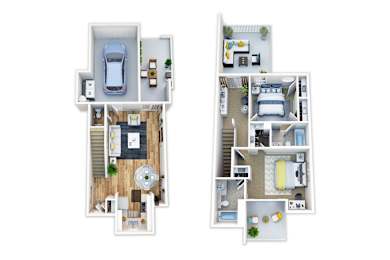 A floor plan of a two-story apartment with a garage on the first floor and a living area on the second floor.