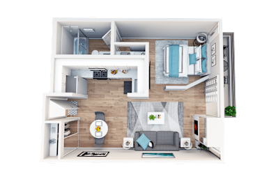 A 3D rendered image of a modern apartment layout.