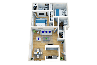 A 3D floor plan of a house with a kitchen, living room, dining area, and bedrooms.