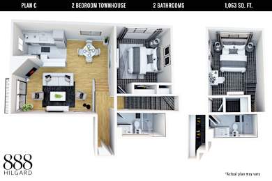 A floor plan for a 2 bedroom townhouse with 2 bathrooms and a total area of 1,063 square feet.