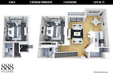 A floor plan for a 2 bedroom townhouse with 2 bathrooms and a total area of 1,075 square feet.
