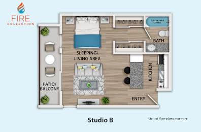 A floor plan of Studio B from the Fire Collection shows a sleeping area, a living area, a kitchen, a bathroom, and a patio or balcony.