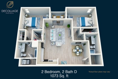 a floor plan of 2 bedroom, 2 bath d1073 sq.ft