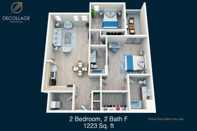 a floor plan of 2 bedroom, 2 bath f