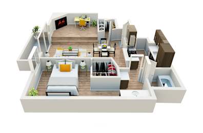 A 3D rendered image of a modern apartment layout.