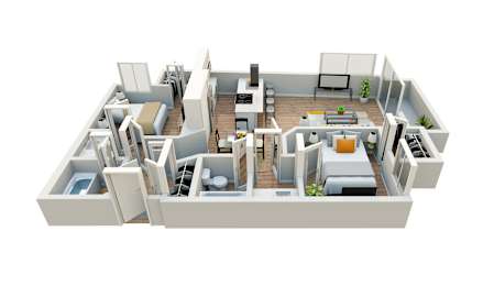 A 3D floor plan of a house with a kitchen, living room, and bedrooms.