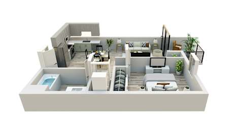 A 3D floor plan of a modern apartment with a kitchen, living room, and bedrooms.