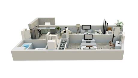 A 3D rendered image of a modern apartment layout.
