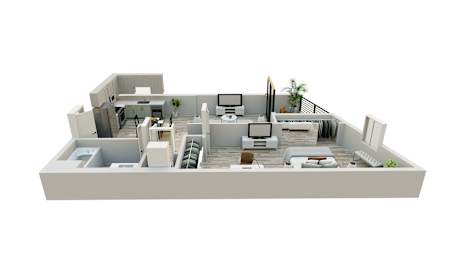 A 3D rendered image of a modern house interior.