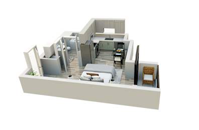 A 3D rendered image of a modern apartment layout.