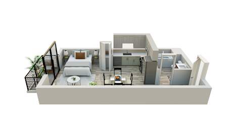 A 3D rendered image of a modern apartment layout.