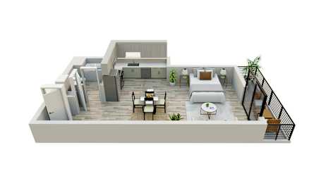 A 3D rendering of a modern house with a balcony and a patio.
