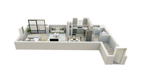 A 3D floor plan of a house with a living room, kitchen, and two bedrooms.