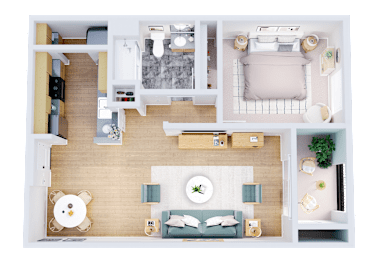 A top-down view of a well-organized living space with a kitchen, dining area, and bedroom.