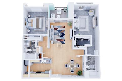 A top-down view of a house layout with a kitchen, living room, dining area, and bathroom.