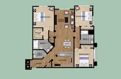 A floor plan of a house with three bedrooms, a living room, a dining room, a kitchen, two bathrooms, and an entry.