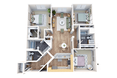 A 3D floor plan of a house with a living room, kitchen, and two bedrooms.