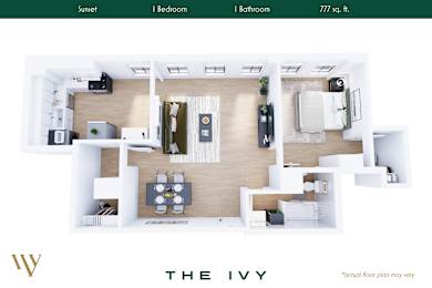 Floor Plan  A floor plan of a one bedroom apartment with a sunny room, a bathroom and a living room.