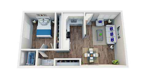 Floor Plan  A top down view of a small apartment with a bedroom, living room, and kitchen.