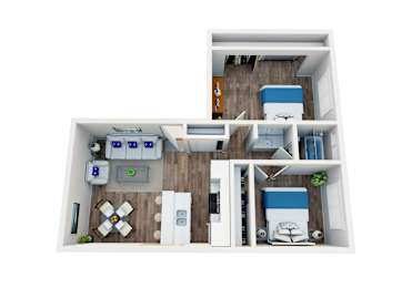 Floor Plan  A top down view of a small apartment with a kitchen, living room and bedroom.