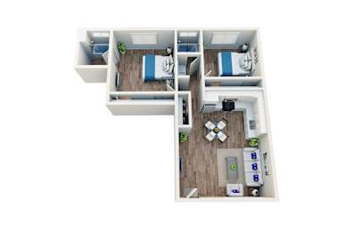 Floor Plan  A top down view of a small apartment with a bedroom, living room, and kitchen.
