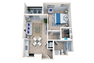 A 3D rendered image of a small apartment layout.