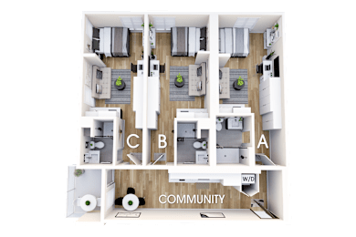 A 3D floor plan of a residential building with labeled rooms.