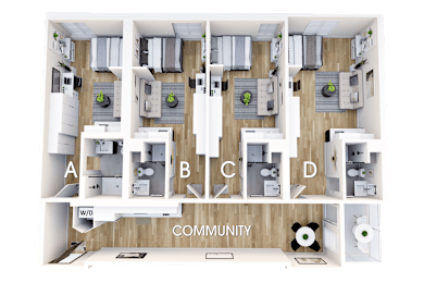 A top down view of apartment layout with A, B, C, D and W/D labeled.
