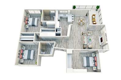 3d floor plan of a 4 bedroom 2100 sq ft
