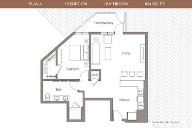 Floor Plan  A floor plan of a one bedroom apartment with a bathroom and a living room.
