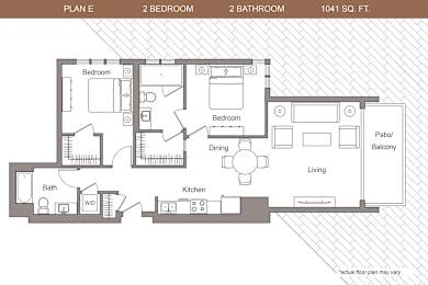 Floor Plan  A floor plan of a 2 bedroom, 2 bathroom apartment is shown.