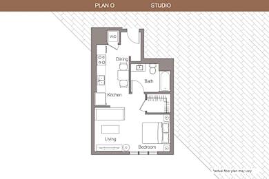 Floor Plan  A floor plan of a studio apartment with labeled rooms.