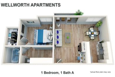 a floor plan of 1 bedroom, 1 bath a