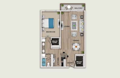 A floor plan of an apartment with a balcony, bedroom, living room, dining room, kitchen, bathroom, and two walk-in closets.
