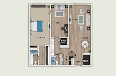 A floor plan of a small apartment with two bedrooms and a living area.