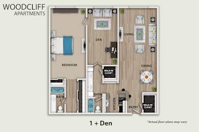 A floor plan of a one bedroom apartment with den.