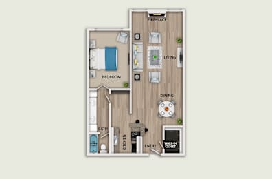 A floor plan of a small apartment with a bedroom, living room, dining area, kitchen, and bathroom.