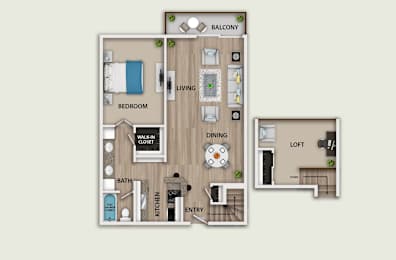 A floor plan of an apartment with a balcony, bedroom, bathroom, living room, dining room, kitchen, and loft.