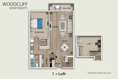 A floor plan for Woodcliff Apartments shows a 1 bedroom apartment with a loft.