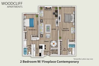 A floor plan of a 2 bedroom apartment with a fireplace.