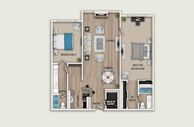A floor plan of a house with two bedrooms, a living room, a dining room, a kitchen, a bathroom, and a walk-in closet.