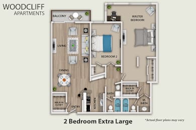 A floor plan of a 2 Bedroom Extra Large apartment.