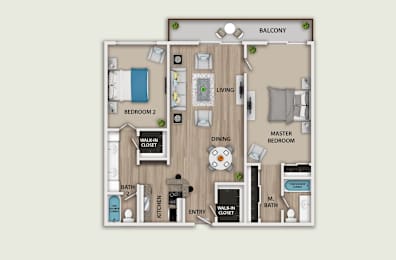A floor plan of a house with two bedrooms, a living room, a dining room, a kitchen, a bathroom, and a balcony.