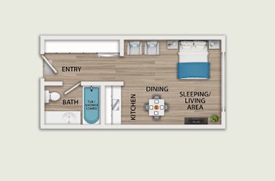 A diagram of a small apartment layout with a sleeping area, kitchen, bathroom, and entry.
